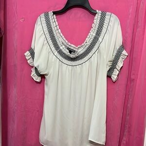 Express Cream and Black Smocked Ruffled Blouse